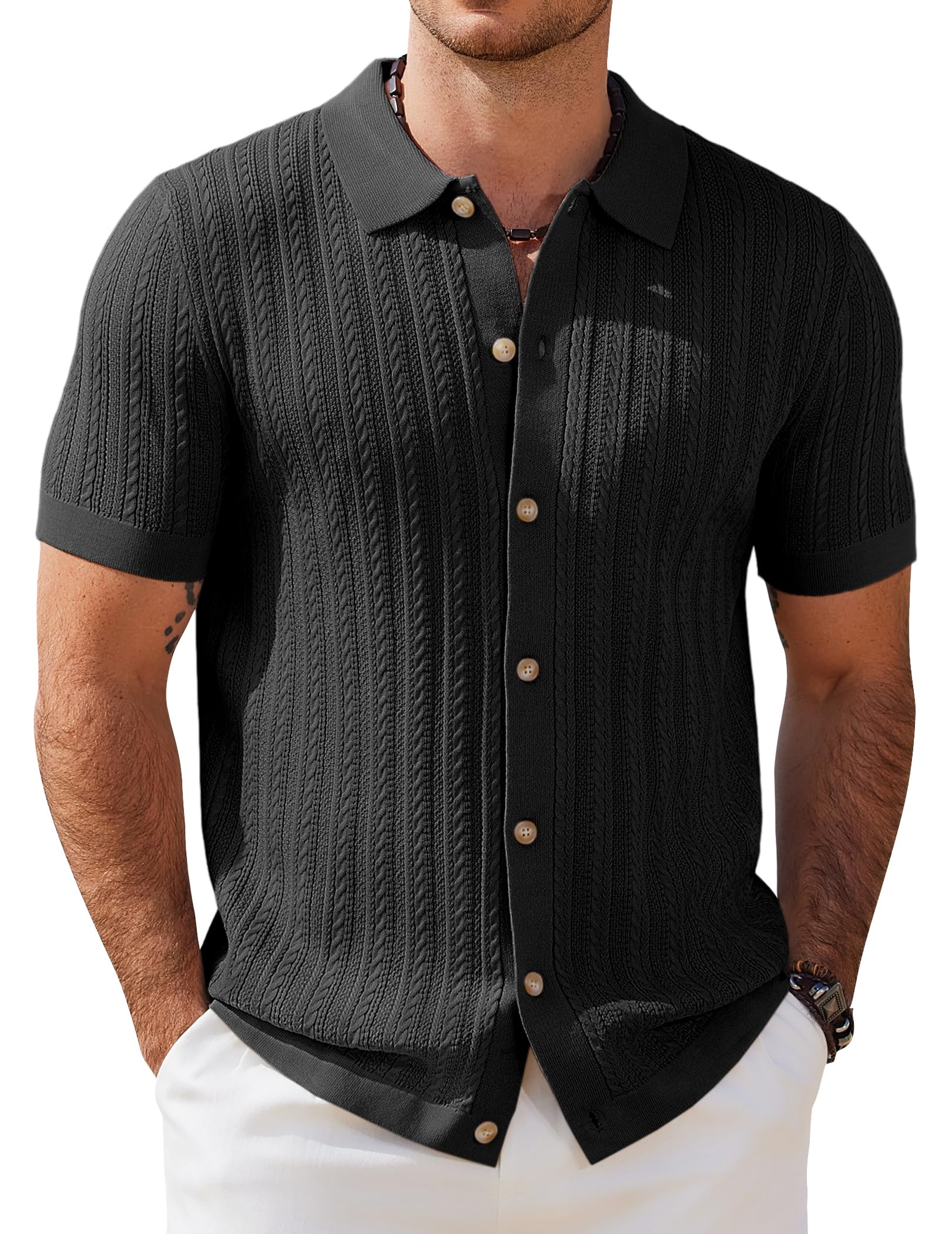 COOFANDY Herren Poloshirt Kurzarm Strick Polo Hemden mit Knopfleiste Zopfmuster Strickhemd Sommer Golf Shirts