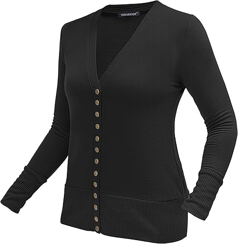 Vista 3 de VERABENDI Suéter de punto con botones, cuello en V y cierre de broches para mujer, de manga larga y lindo