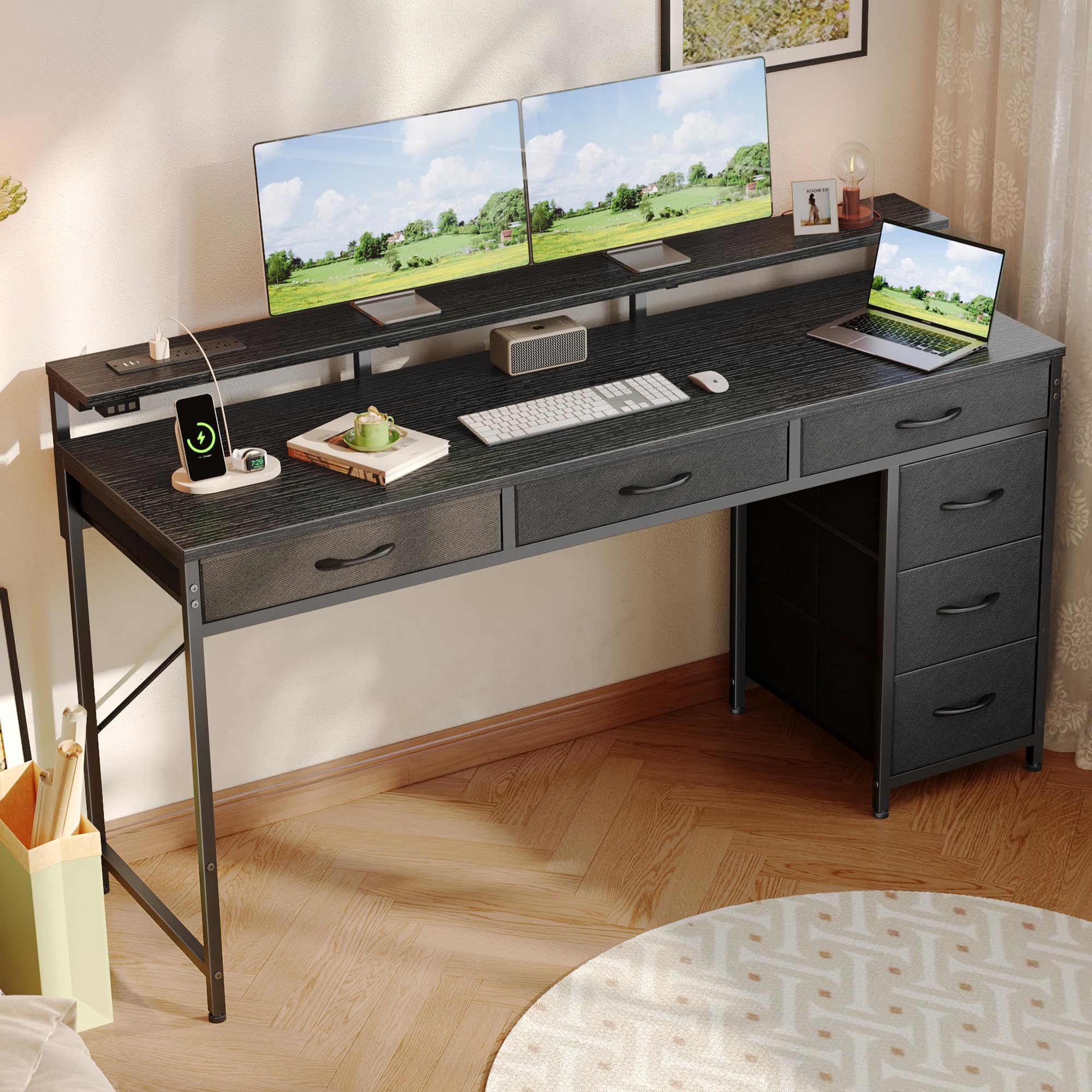 Escritorio para juegos con 6 cajones, escritorio para computadora con tomas de corriente de luces LED y tipo C, escritorio de oficina de 55 pulgadas con almacenamiento, soporte para monitor, 7