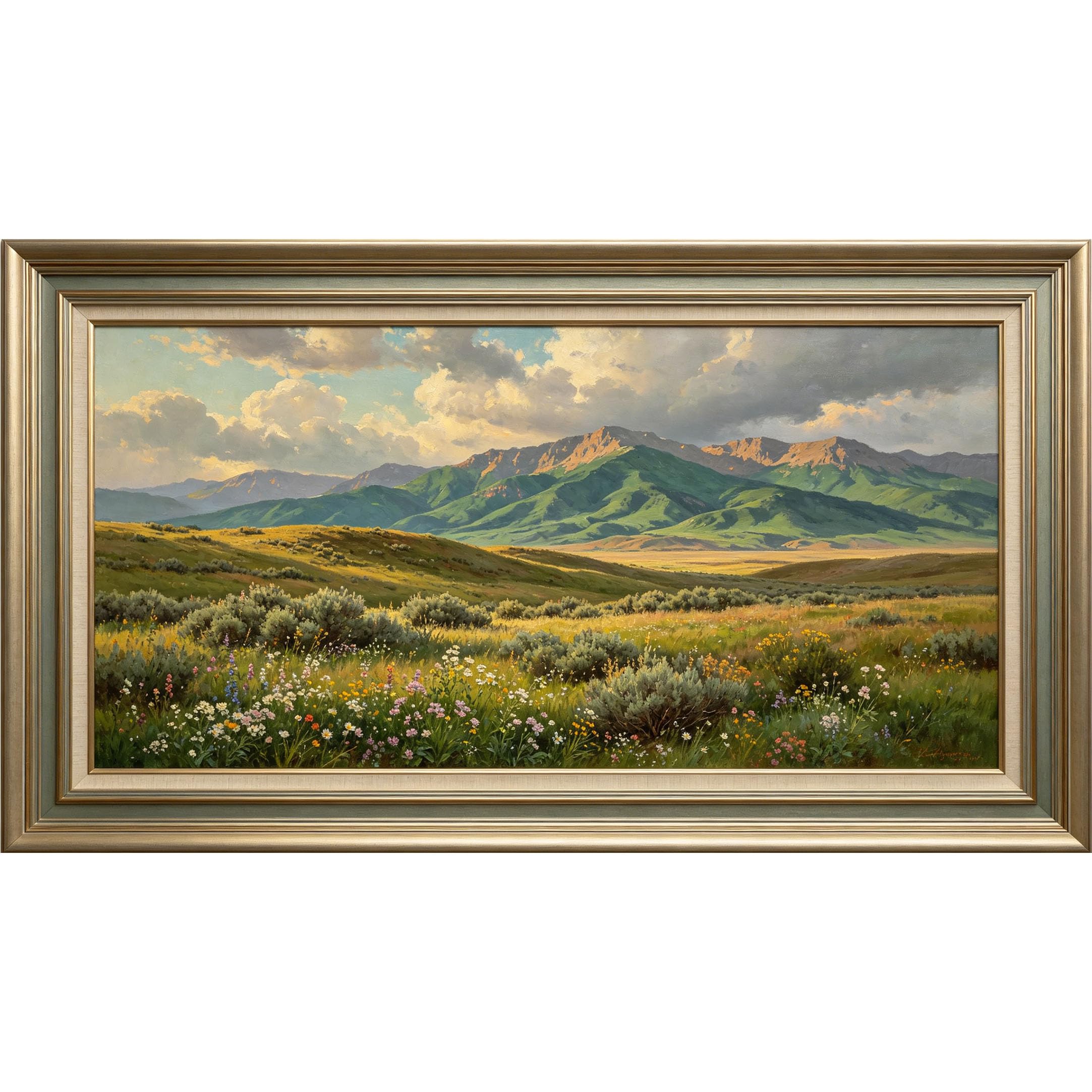 QZLITHOTIC 50x90cm3D Framed Wall Art， Mountain Meadow Landscape Self‑Adhesive Mural， Water‑Activated Peel & Stick Fabric Decor Wall Decal for Bedroom Living Room