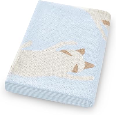 Receiving Baby Blanket,100% Luxury Cotton Knit Baby Blanket,Lightweight Cozy Neutral Swaddling Blanket for Newborns,Boys & Girls,Infant and Toddler,Light Blue,Cat