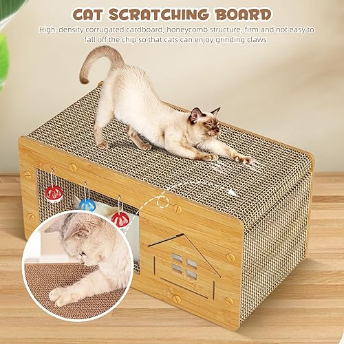 Miniatura 5 de Casa de cartón extragrande para gatos de interior y rascador de gatos 2 en 1, casa de cartón para gatos con 3 campanas de 24 x 12 x 12 pulgadas