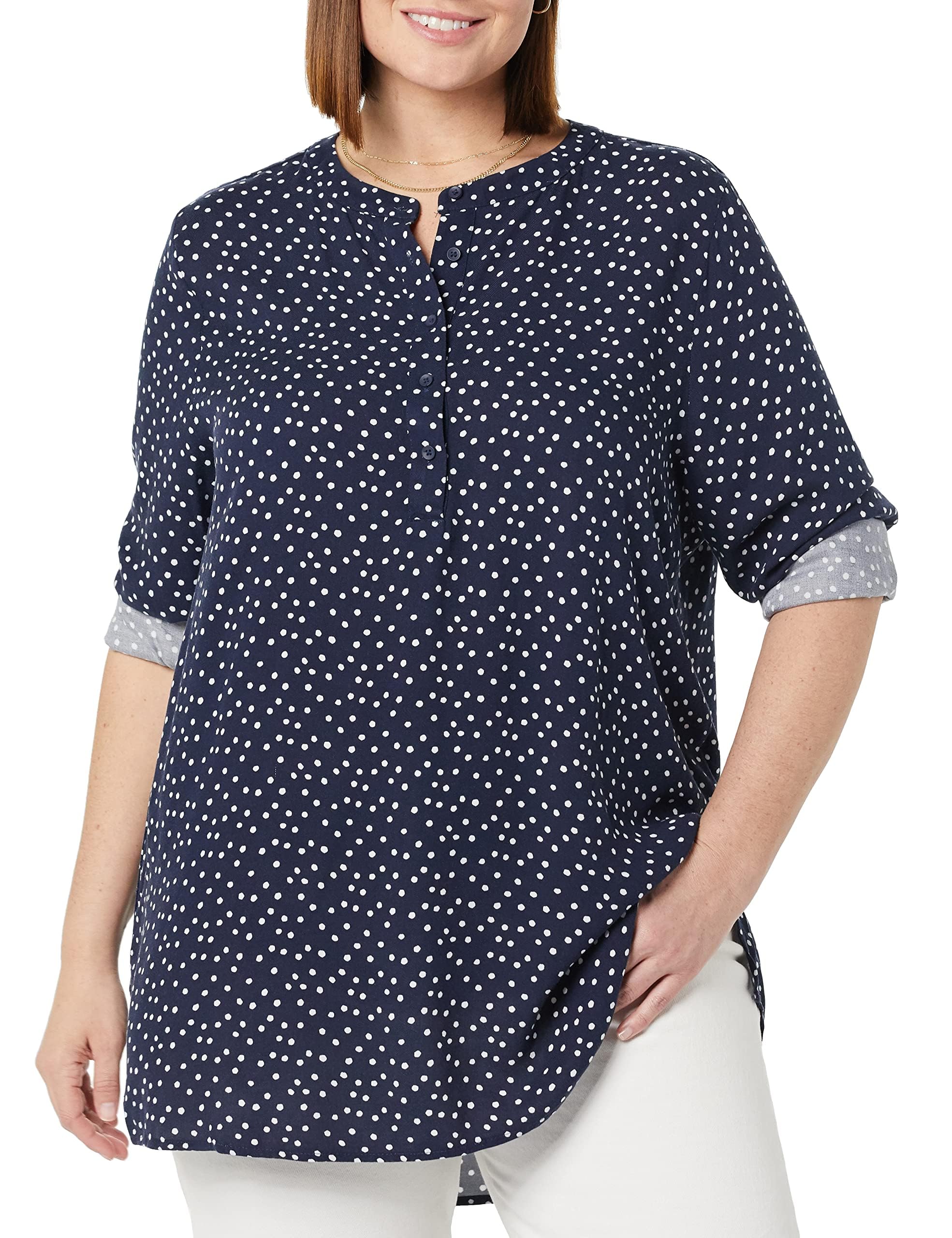 Amazon Essentials Women's Long-Sleeve Woven Blouse, Navy Dots, XXL