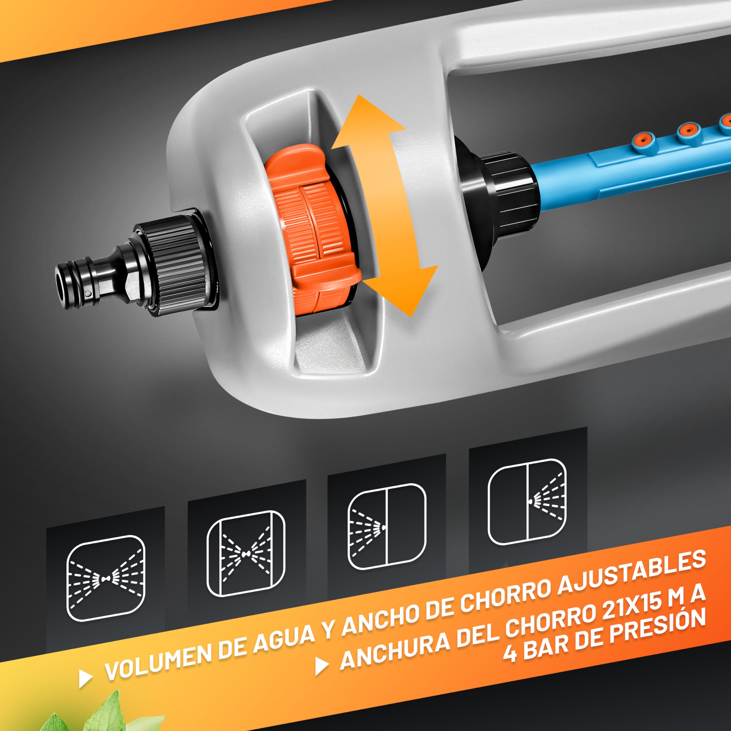 GRÜNTEK Aspersor de Riego Cesped Primavera - Aspersor Oscilante Riego Jardín y Superficies rectangulares - Sprinkler Riego automatico Gran Alcance 20x15m