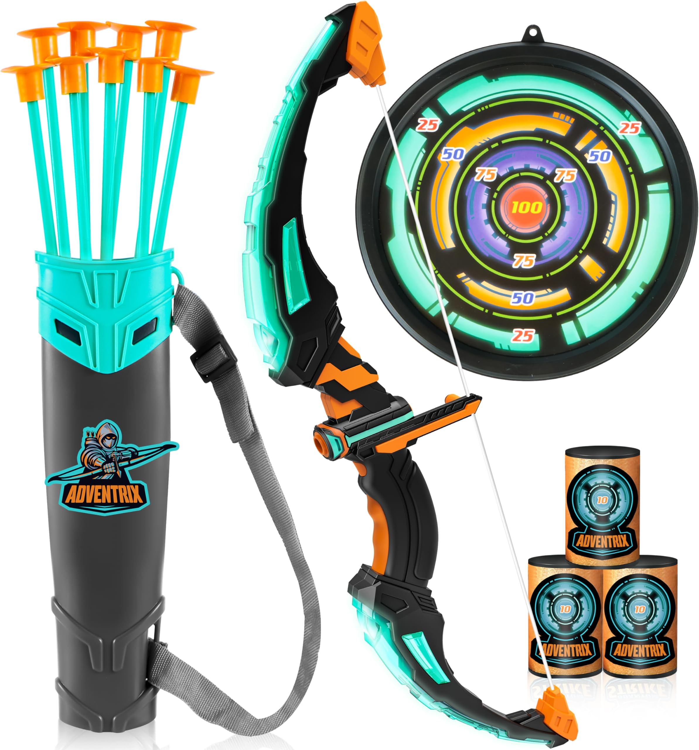 JOYIN Bow and Arrow Archery Toy Set with Flashing LED Lights for Kids, Light Up Archery Play Set with Luminous Bow, 9 Suction Cups Arrows, Targets, and Quiver (Black Green)