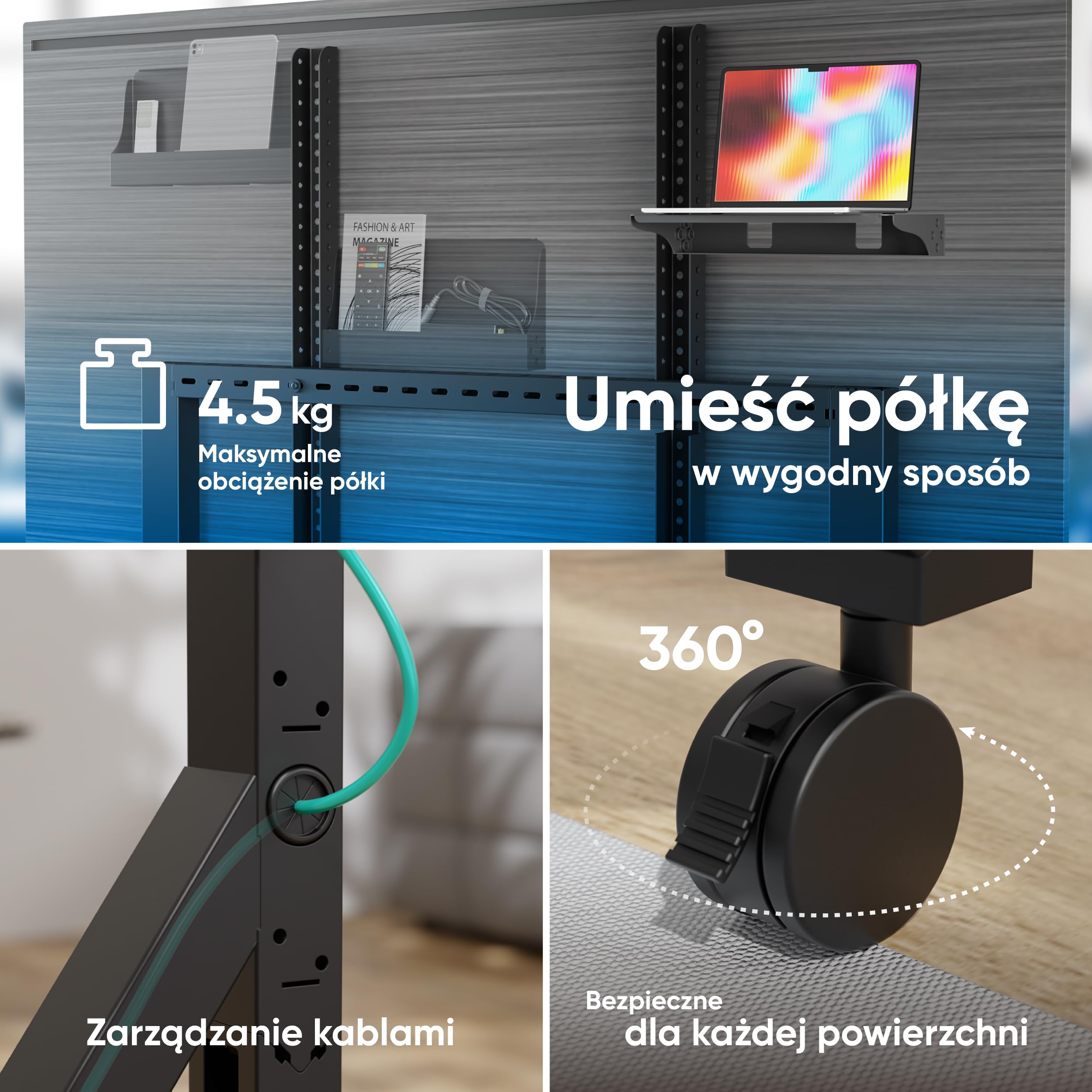 ONKRON Mobilny Stojak TV 70-110 Cali, maks. Nośność 125 kg, Wózek pod Telewizor na Kółkach, VESA 200x200-1000x800 do Dużych Ekranów, Szeroka Podstawa, Półka AV, Czarny TS2081-B