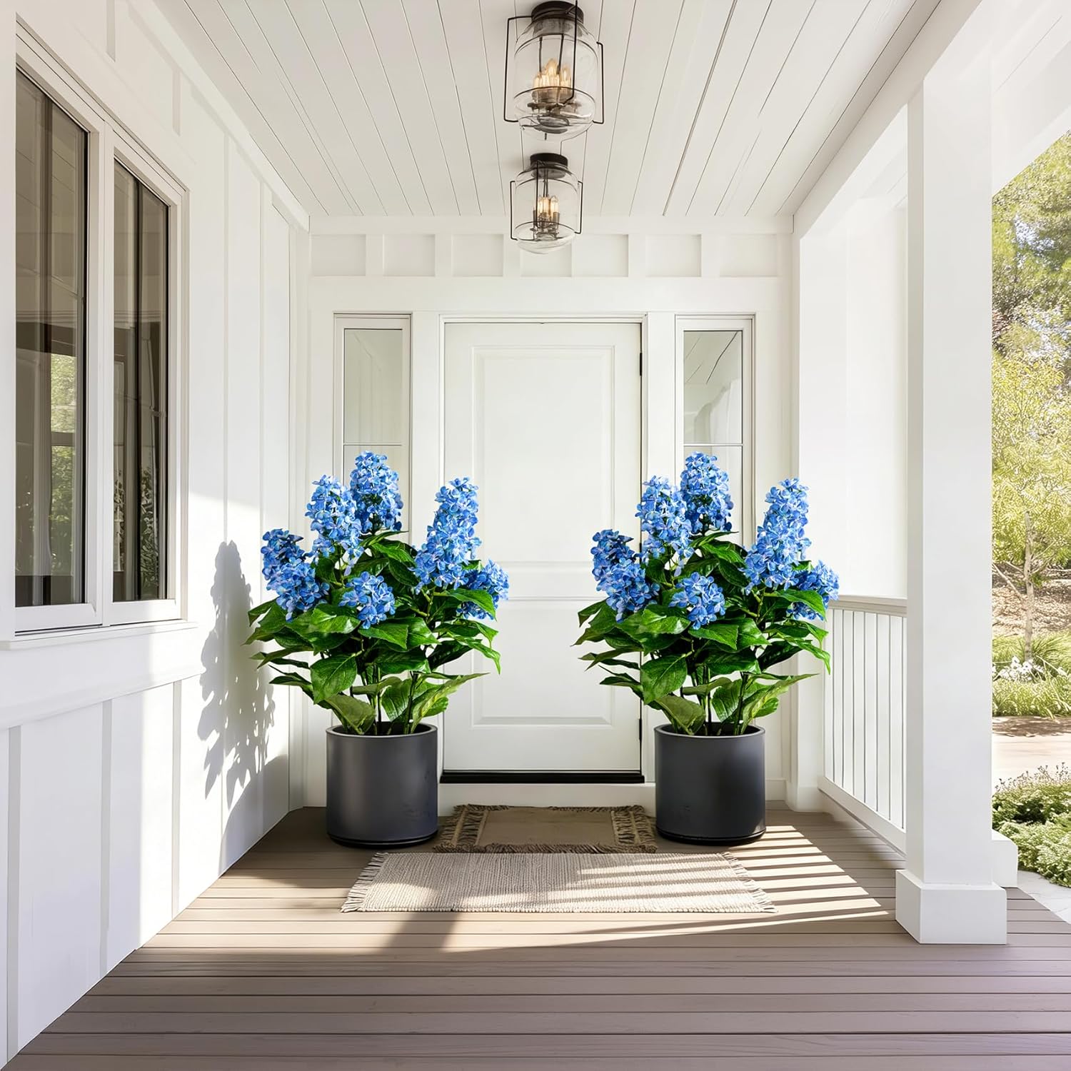 2 Set Faux Hydrangea Flowers Outdoor 26" Large Hydrangea Artificial Flowers Front Porch Silk Hydrangeas Trees Decor with UV Resistant Design Pot Fake Plants for Garden Yard Patio (Blue)