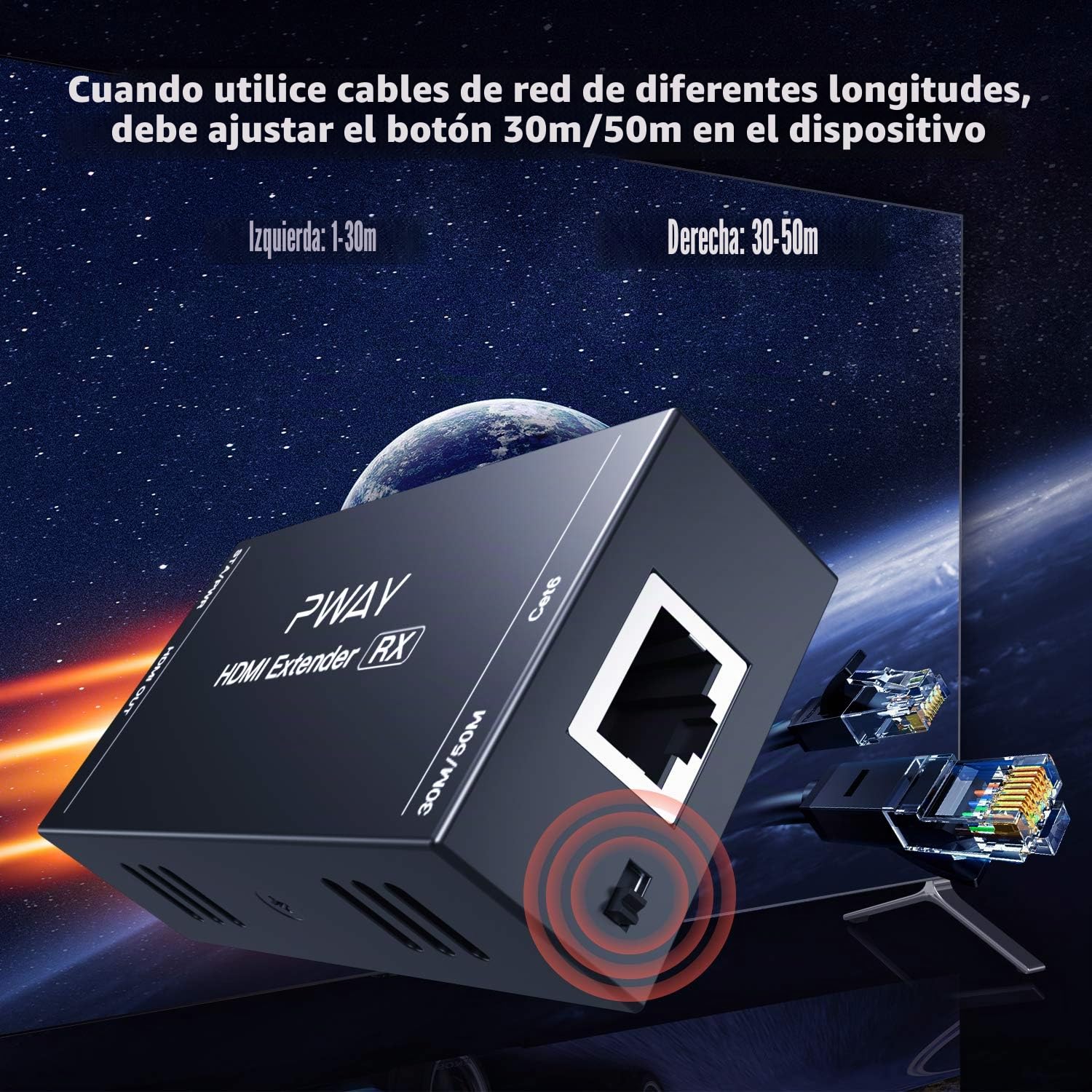PWAY PW-HT202P(POC) HDMI Extender Extensor 165ft/50m Sin Comprimir Solo Cat6 Transmision sobre Soporte De Full HD 1080P 3D EDID uno Power Supply (UTP+RJ45+Transmisor+Receptor)