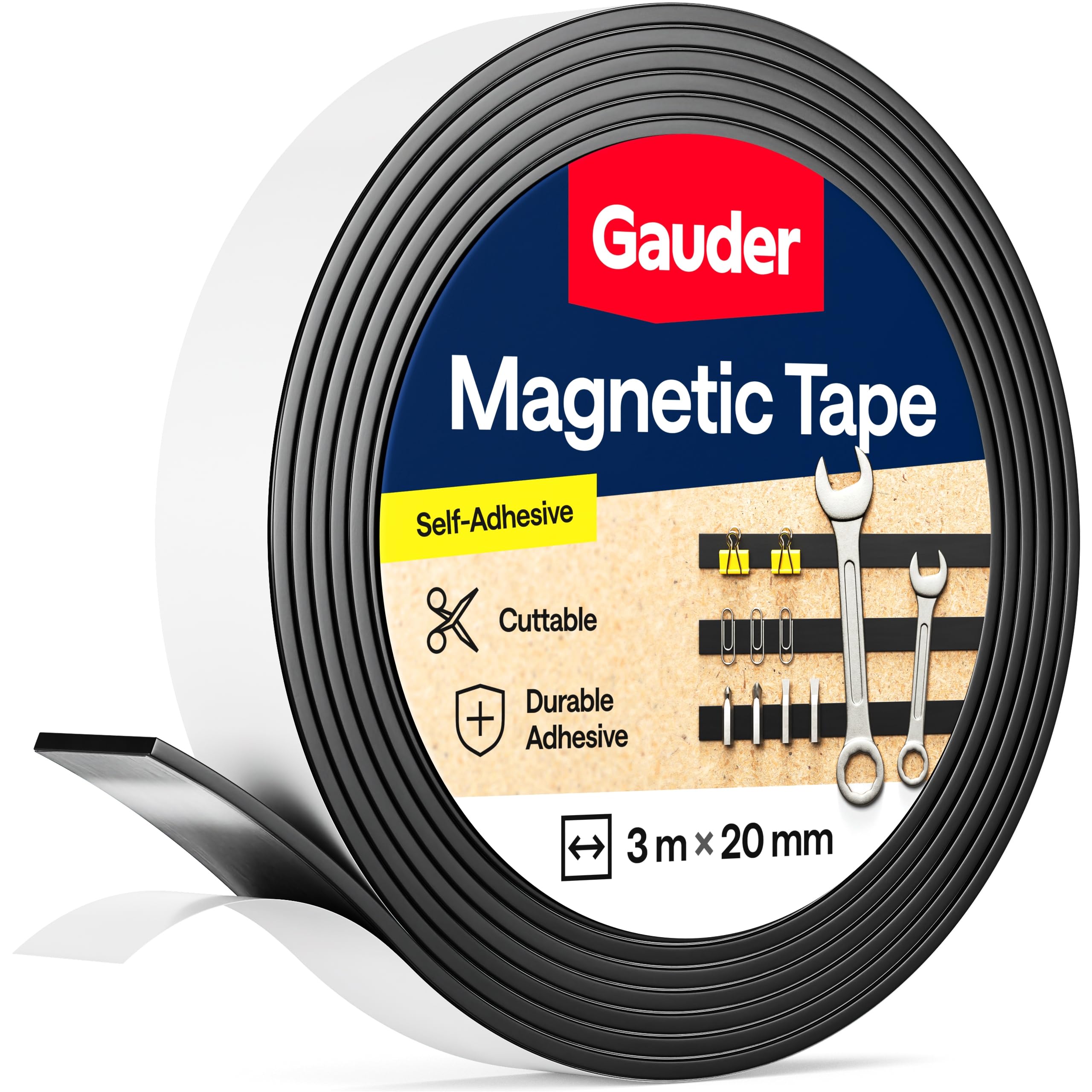 GAUDER Magnetic Tape with 3M Adhesive - Strong Self-Adhesive Magnet Strip - Cuttable Magnetic Tape Roll with Reliable Attraction & 3M Backing (3 m x 20 mm)