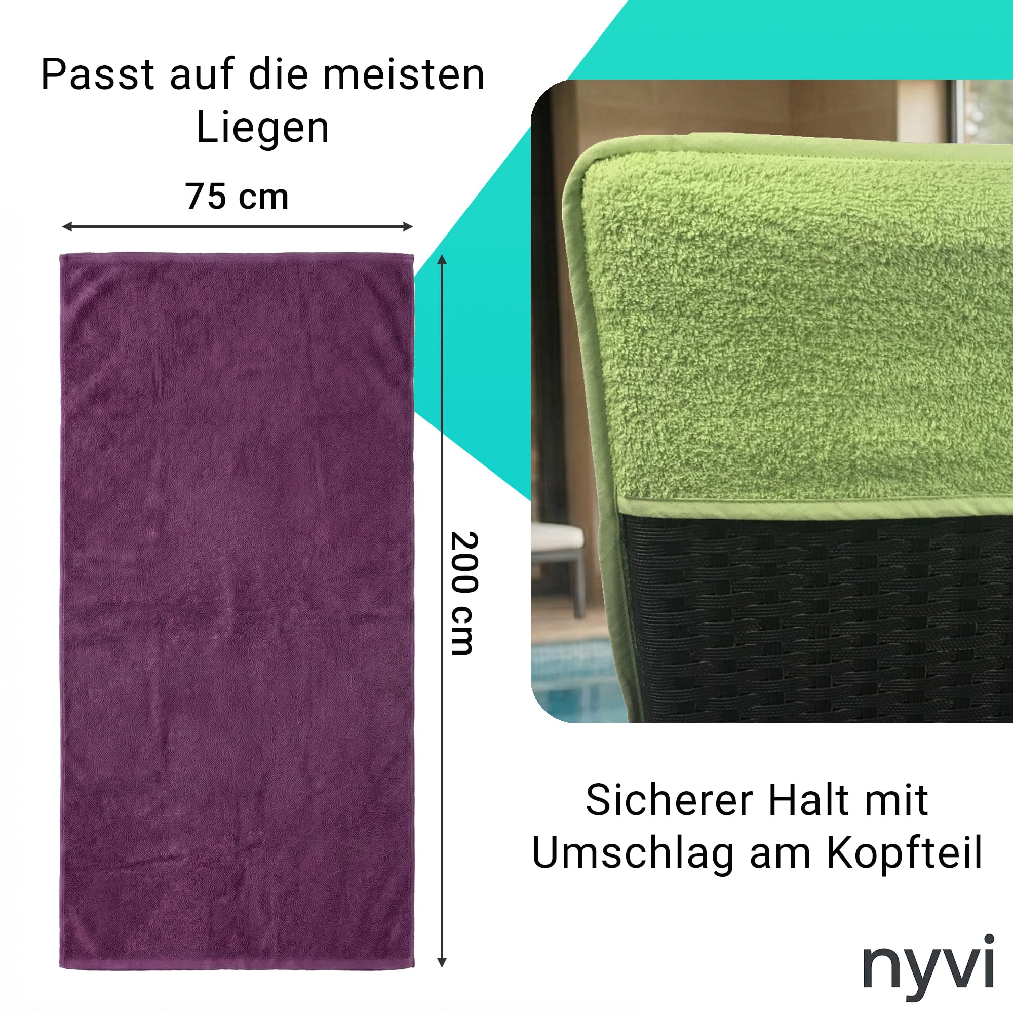 NYVI Frottee Schonbezug für Gartenliege NYVISpa 75x200 cm Grau - Hygiene Liegestuhlauflage für Sonnenliegen Strandliegen - Handtuch Bezug - OEKO-TEX 100