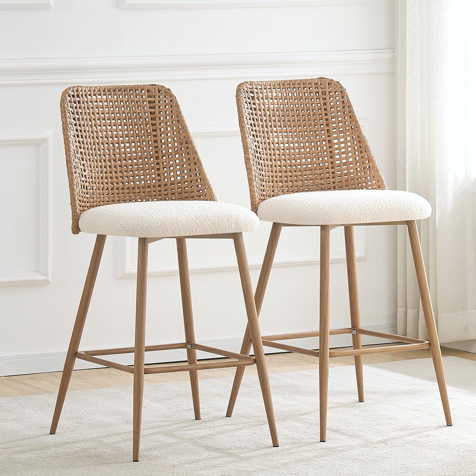 Rattan Counter Height Bar Stools Set of 2, 26''Modern Boucle Fabric Bar Stools with Full PE Cane Back and Metal Legs,Bar Chairs Counter Stools for Kitchen Bar Island,Brown