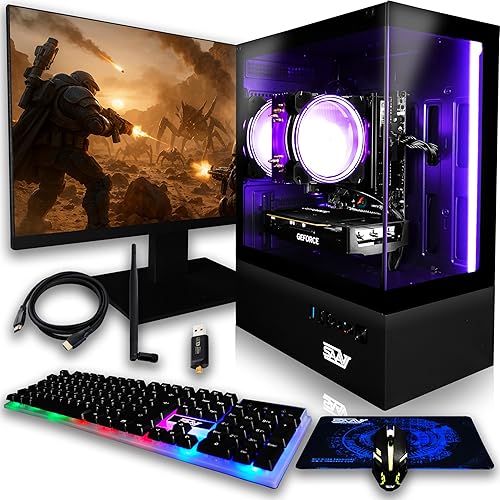 SAAV X10 2025 Gaming PC Tower Computer, AMD Ryzen 5 5500 4.2GHz, GeForce RTX 3050 6GB GDDR6, 22 inch Monitor, 32GB DDR4, 1TB NVMe SSD, WiFi 6, Bluetooth, Windows 11, RGB Prebuilt Desktop Bundle Black
