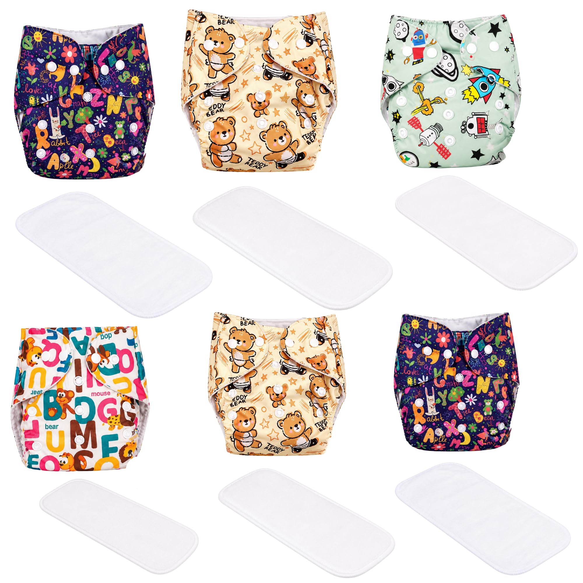 reusable washable cloth pocket cover with soft absorbent insert, leakproof adjustable snap buttons gentle outer fabric (multicolour, printed, pack of 6)
