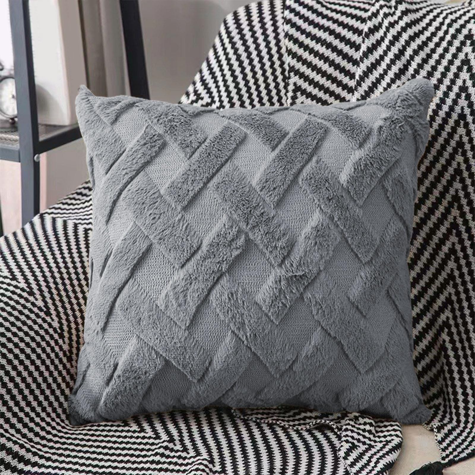 Side Sleeper Pillows for Adults Solid Color Plaid Decorative Pillowcase for Living Room Sofa Soft Furry Cushion for