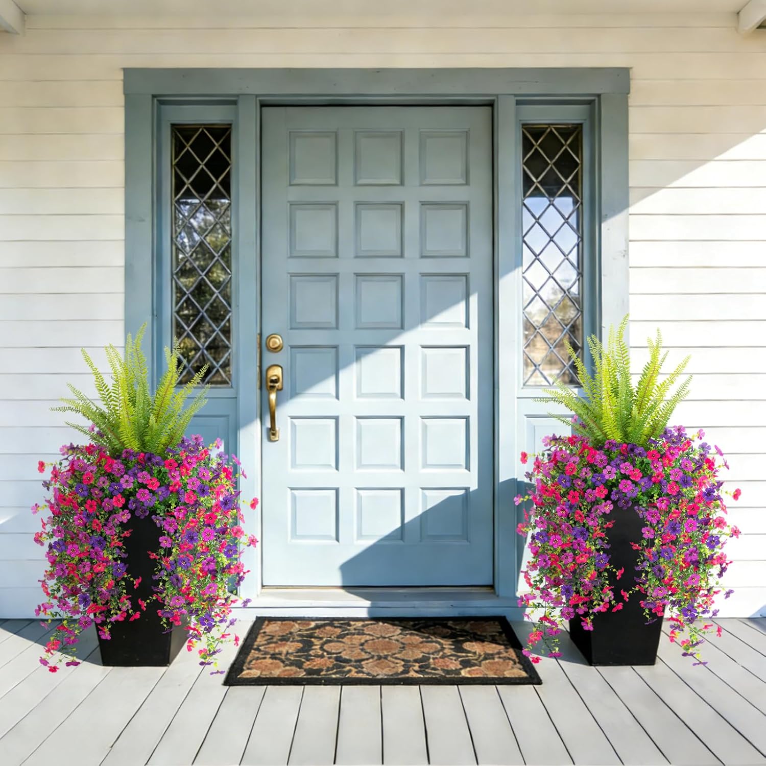 Artificial Fake Hanging Flowers Plants for Outdoor Spring Decoration,3 PCS Faux Silk Daisy with Boston Ferns,UV Resistant Look Real for Outside Home Indoor Planter Porch Patio Balcony Yard Decor