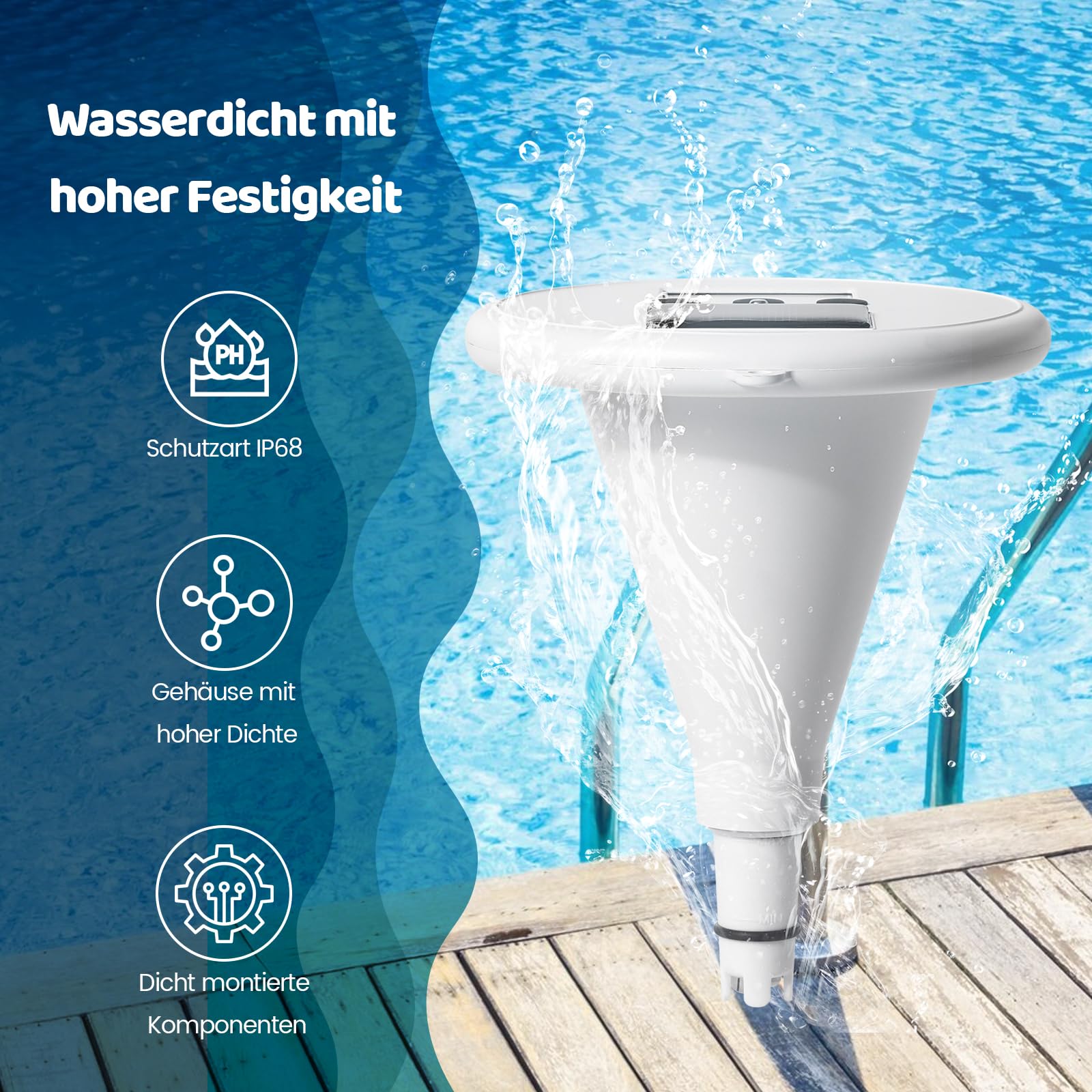 briidea Kabelloses Digitales Schwimmbad-Wasserprüfgerät Mit Zwei Displays & Hochpräziser Elektrode Zur Messung Von Temperatur, pH, EC, TDS Für Alle Pools, Whirlpools Und Spas