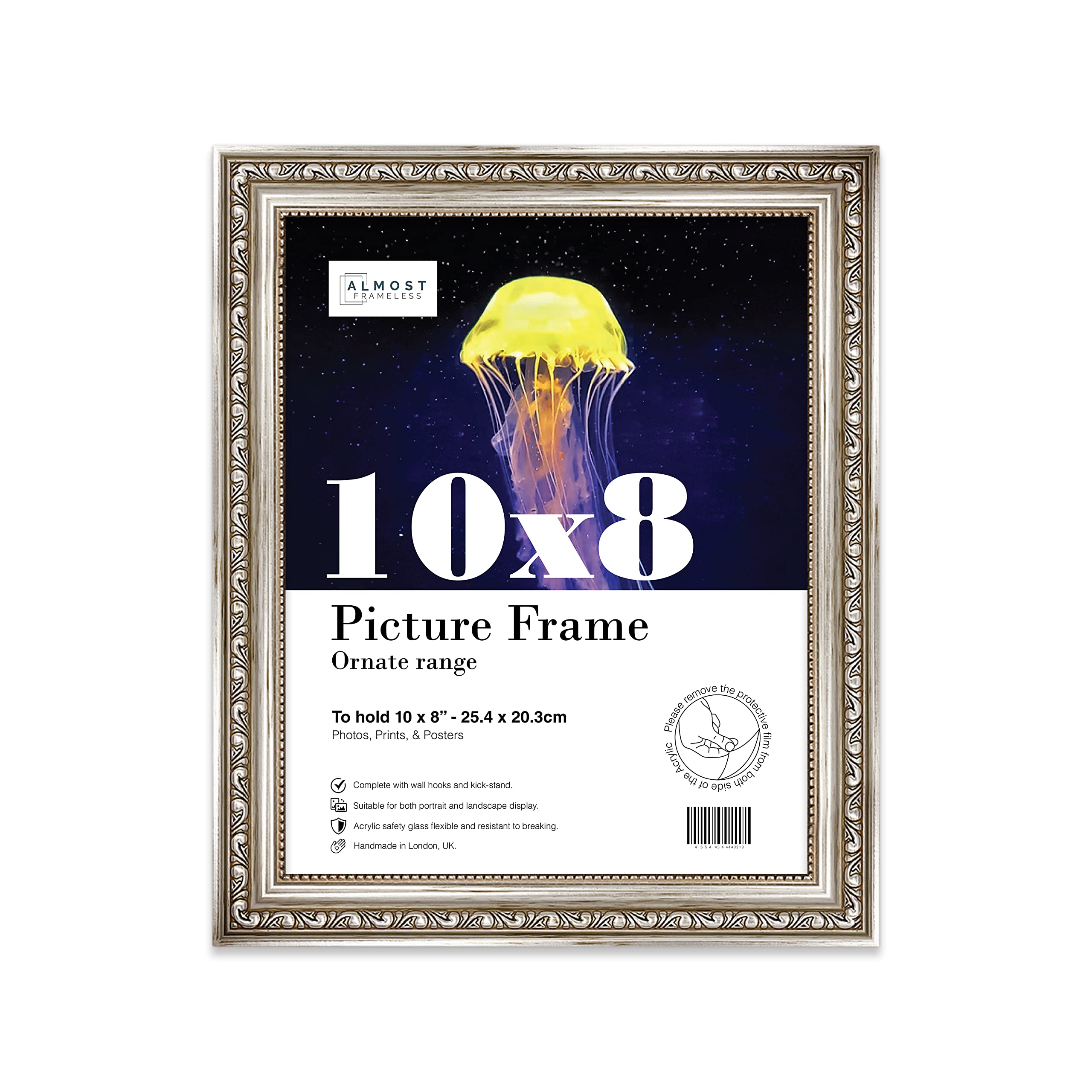 Almost Frameless 10x8 Silver Ornate Picture Frame 10"x8"(25.4x20.3cm) Poster, Photo, Artwork, or Print. Baroque Style Portrait and Landscape Display with Wall Hooks