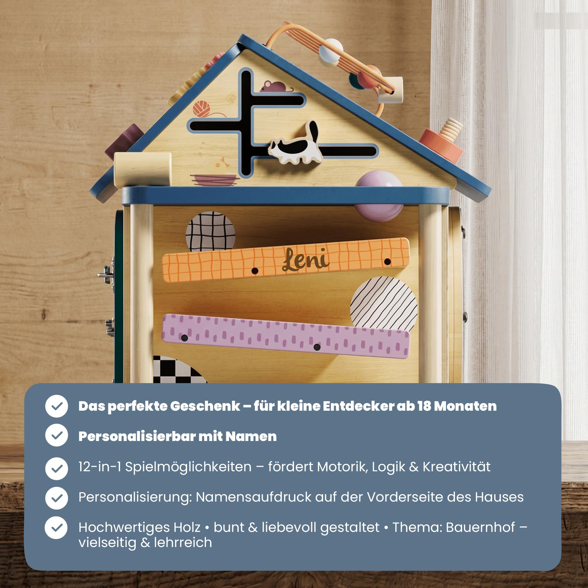 Activity Haus aus Holz personalisiert – 12-in-1 Motorikspielzeug ab 2 Jahre – mit LED-Elementen – Geschenkidee