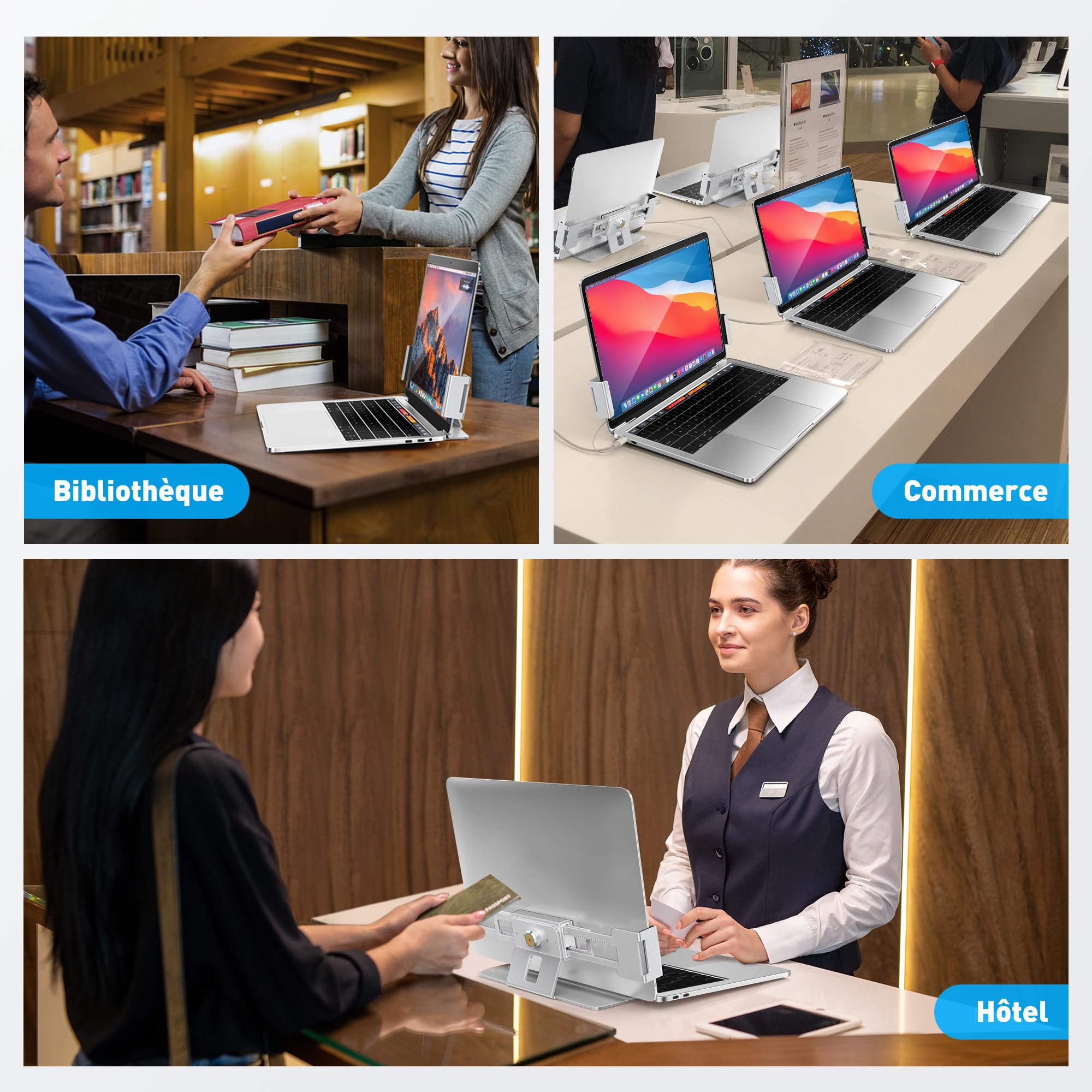 AboveTEK Station de Verrouillage pour Ordinateur Portable, Verrou Sécurité Aluminium MacBook, Anti-Vol pour Ordinateurs sans Fente 11"-17", Base Anti-Dérapante Espaces Publics-Argent
