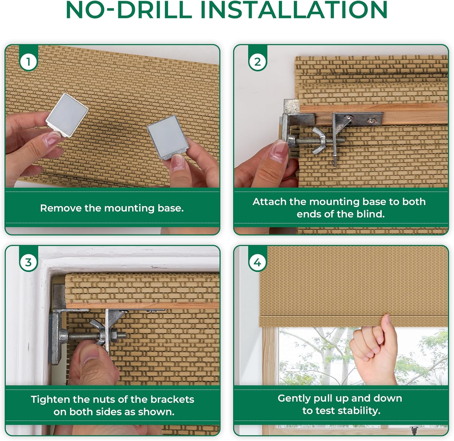 Allesin zen No Drill Cordless Bamboo Roman Shade, Light Filtering Natural Woven Window Blinds, Eco-Friendly Roll Up Shade for Living Room Kitchen, 34.5" W x 64" H, Natural