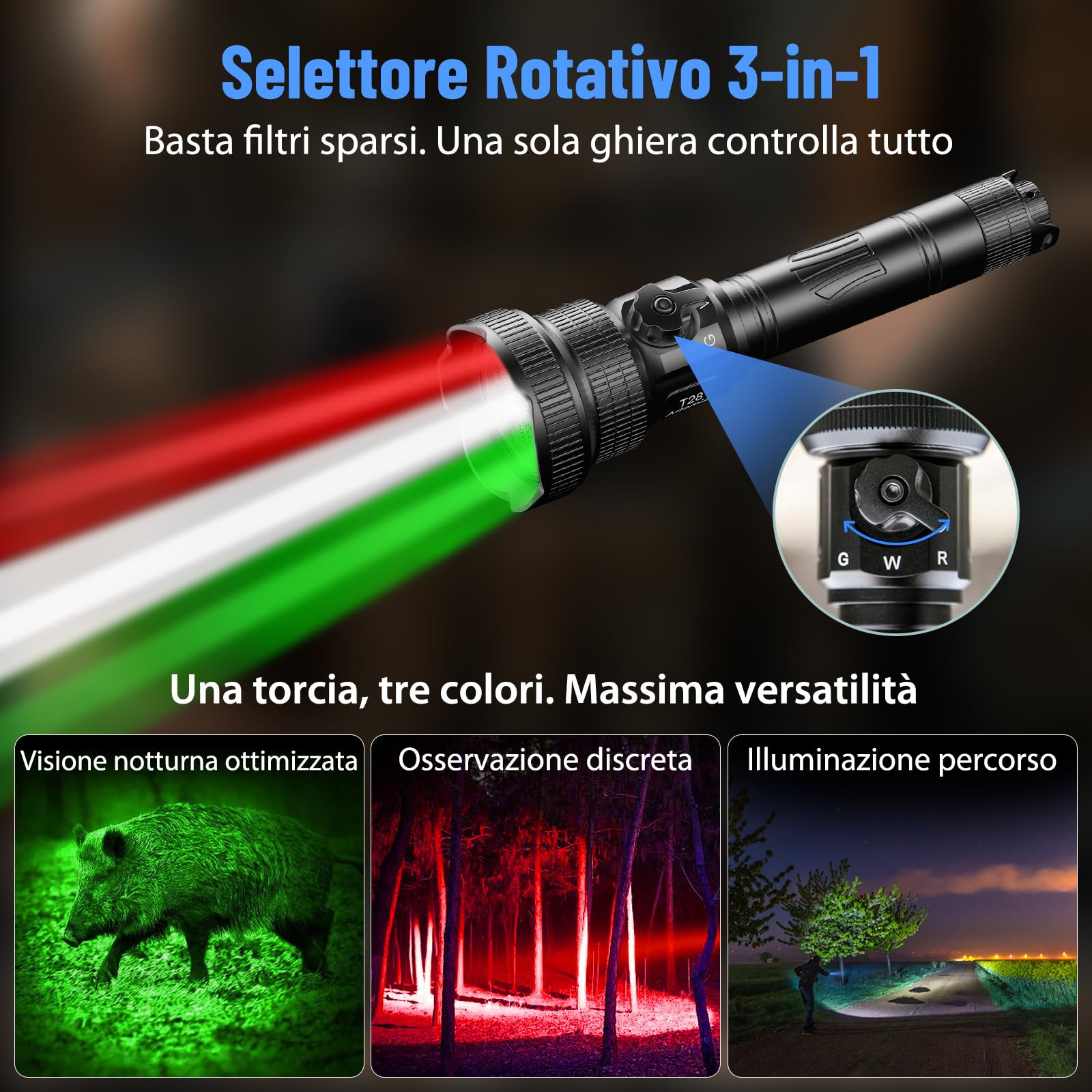 Brinyte T28 Torcia Led Zoom 3-In-1 Rosso Bianco Verde Outdoor | Regolatore Continuo, Interruttore Rotativo, Lunga Gittata,Torcia Tattica, Interr Remoto, Due Supporti, Esterno, Escursionismo