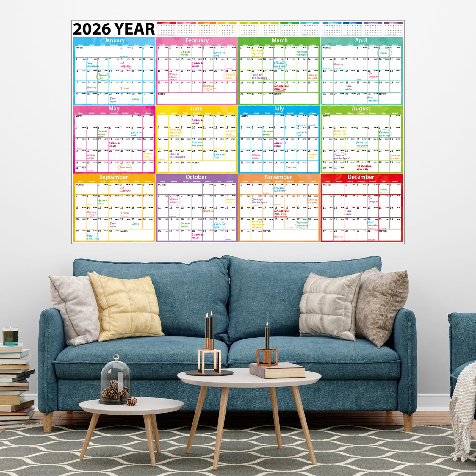 Jahres-Wandkalender 2026–2027, groß, laminiert, löschbar, Jahresplaner, nass und trocken abwischbar, 24 Monate, Jahreskalender für Büro, Schule, Zuhause, Organisation, Faltpaket, 121,9 x 81,3 cm