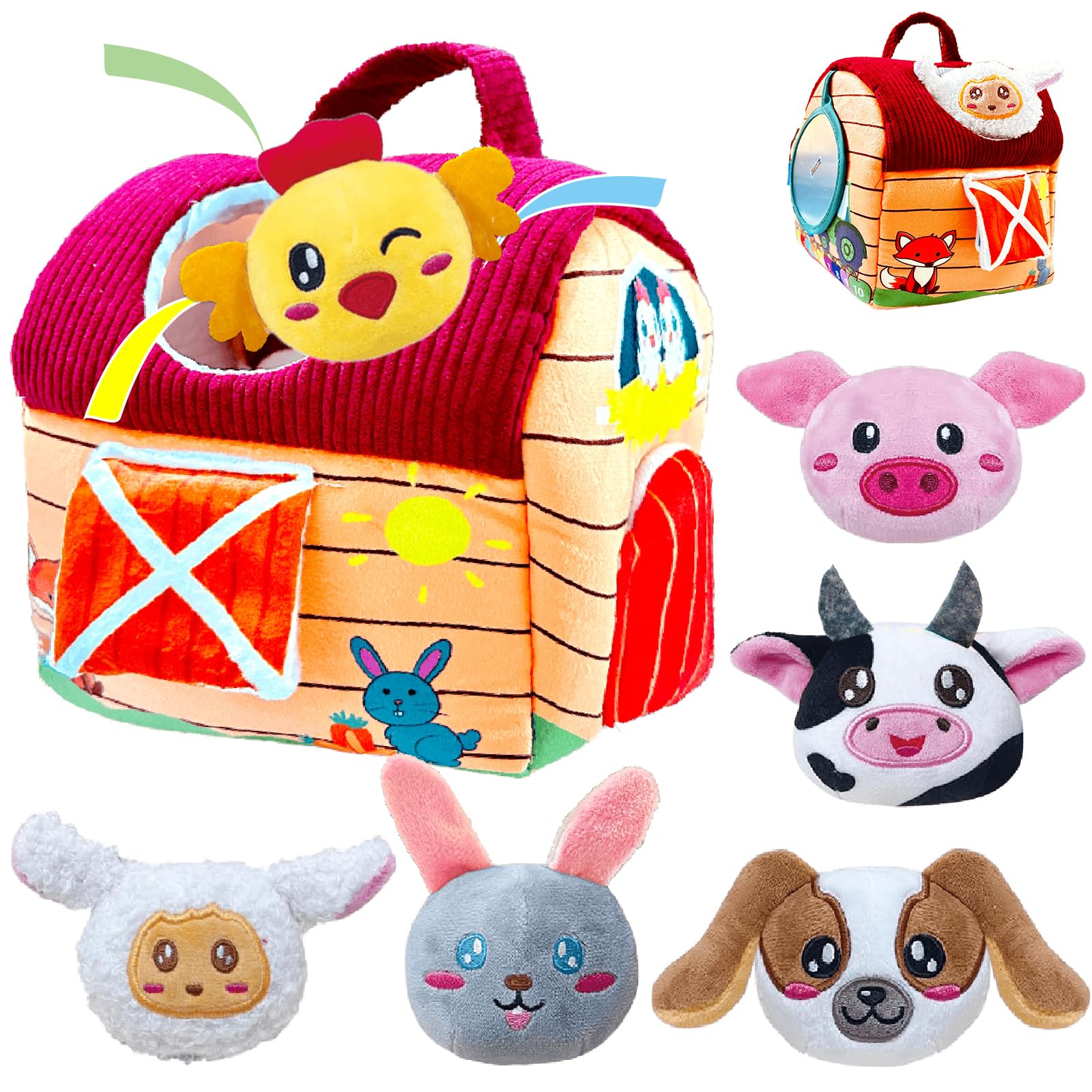 Goorder Juguetes Bebes 6-12 Meses, Juguetes Montessori para Bebes 3 6 12 Meses - Animales Granja de Peluche Blandos con Sonajas, Arrugas, Espejo - Regalos para Niños y Niñas 6 Meses