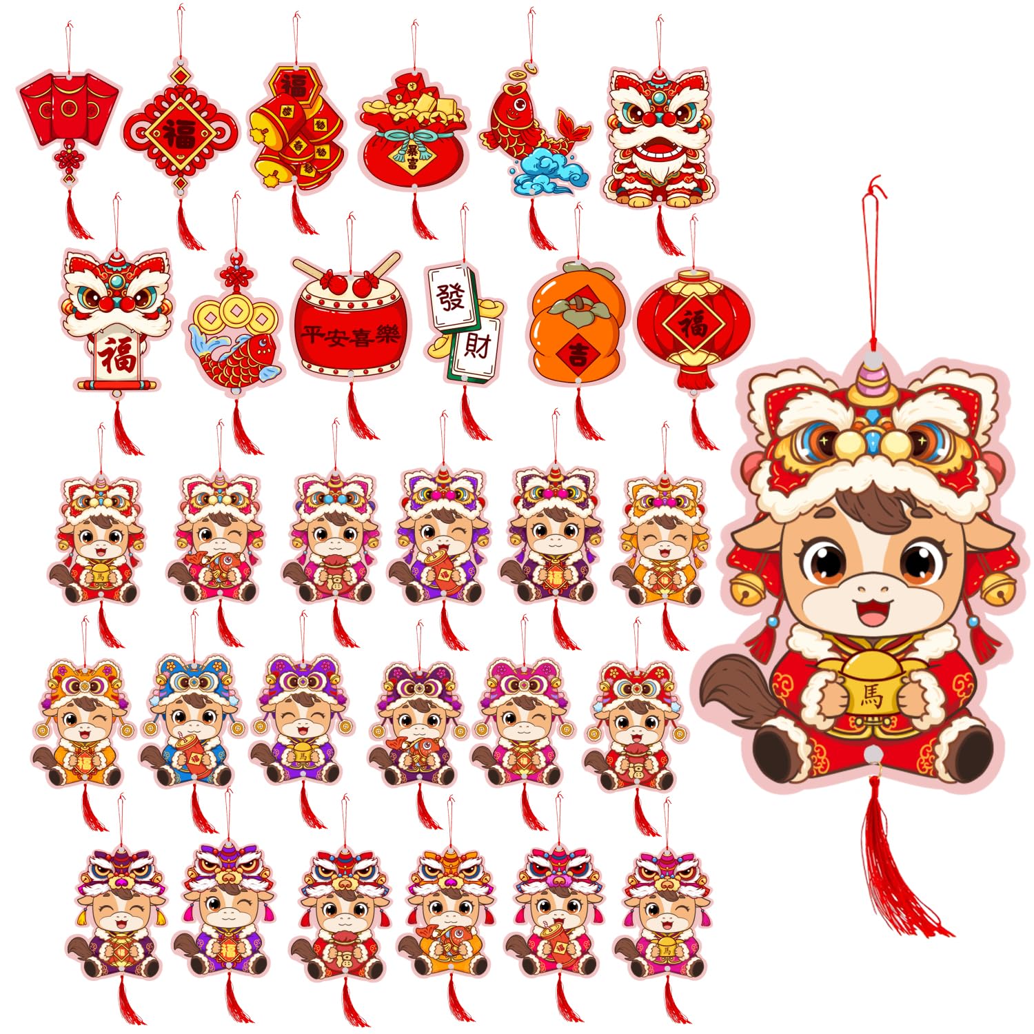 Chinese New Year Decorations 2026, Pre-Assembled Horse Lunar New Year Tree Hanging Ornaments with Chinese Knot Pendants, 30Pcs Spring Festival Good Luck Party Decor Supplies for Tree Car Wall