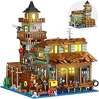 Vista 1 de Fishing Village Store - Juego de construcción de casa con luz LED, 1881 piezas de bloques de construcción de cabaña de madera, kit de juguetes
