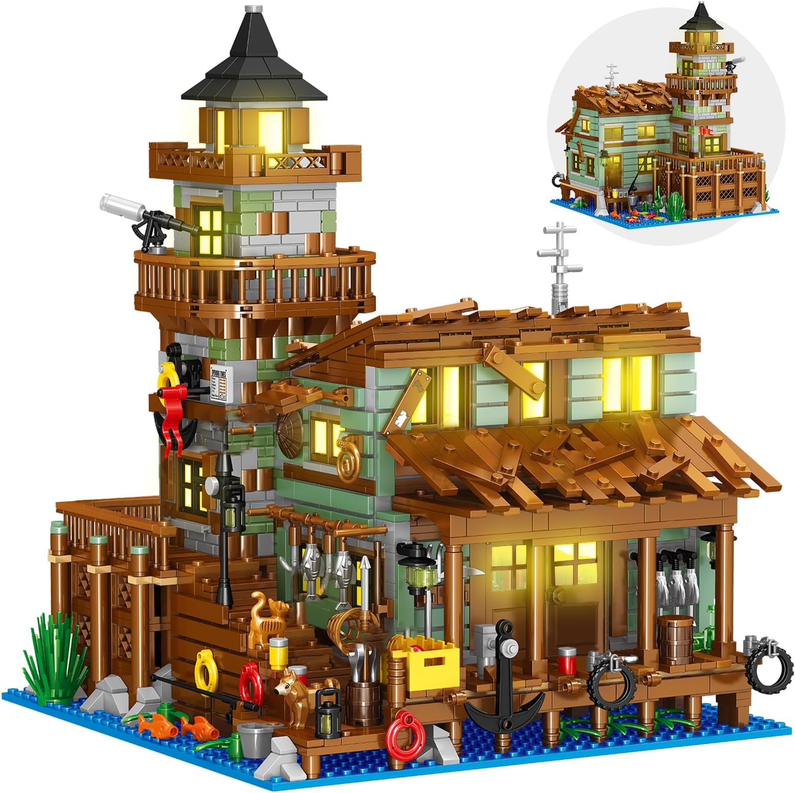 Fishing Village Store House Building Set with LED Light, 1881 PCS Wood Cabin Mini Building Block, STEM Architecture Toys Kit, Birthday Gift for Adults Ages 8-12+ Years（Not Compatible with Set ）