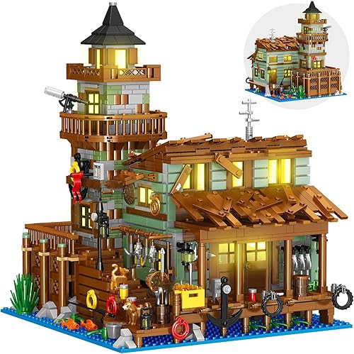Fishing Village Store - Juego de construcción de casa con luz LED, 1881 piezas de bloques de construcción de cabaña de madera, kit de juguetes de