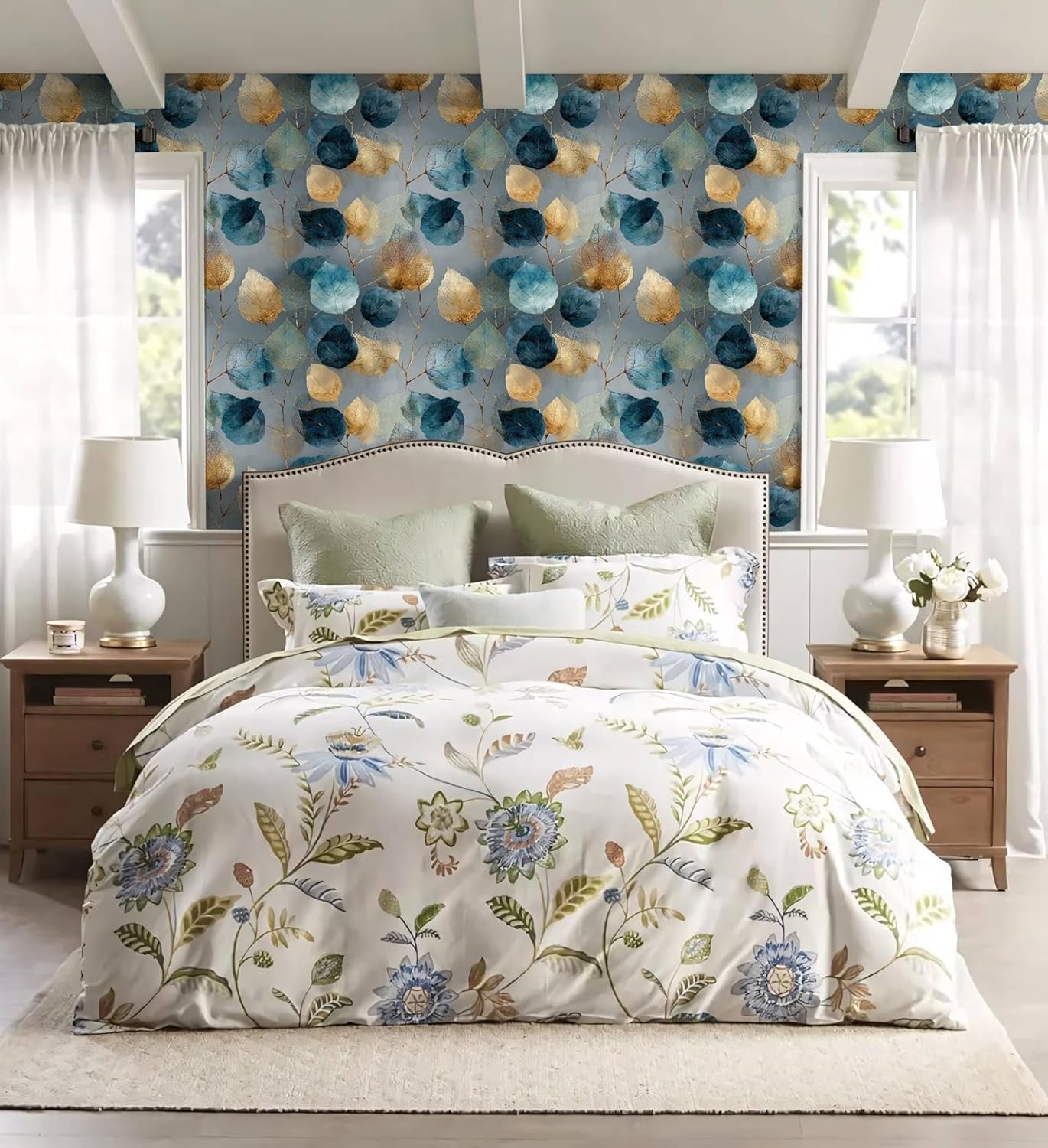 Blue & Gold Leaf Peel and Stick Wallpaper – Modern Nature Wallpaper for Home Decor | Self-Adhesive, Waterproof Vinyl, 17.7" x 118"