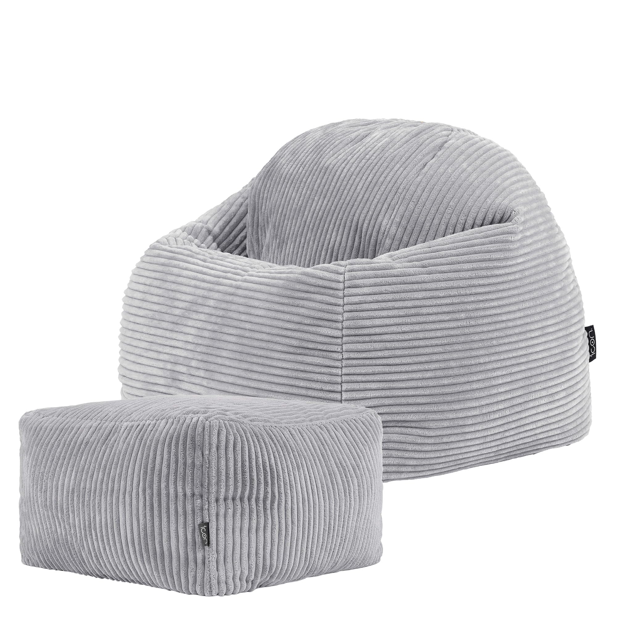 icon Kingston Kids Bean Bag and Footstool, Corduroy, Grey, Kids Bean Bag Chair with Filling Included for Girls and Boys, Childrens Chair, Beanbags for Children, Playroom Décor, Bedroom Accessories