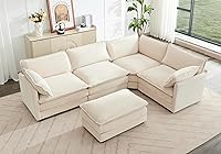 ROWHY 113" Modular Sectional Cloud Couch: 5-Seater Oversized L-Shaped Corduroy Sofa with Chaise, Ottoman & 2 Pillows, Beige