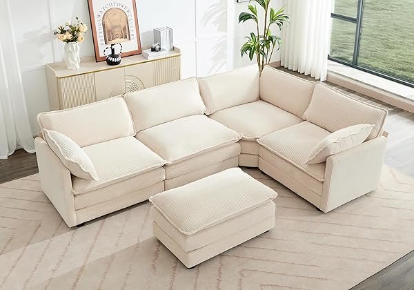 ROWHY 113'' Modular Sectional Cloud Couch, 5 Seater Corner Sofa Big Comfy Corduroy Oversized L Shaped Couch with 2 Pillows, Chaise, Ottoman, Deep Seat Sectional Couches for Living Room Office, Beige