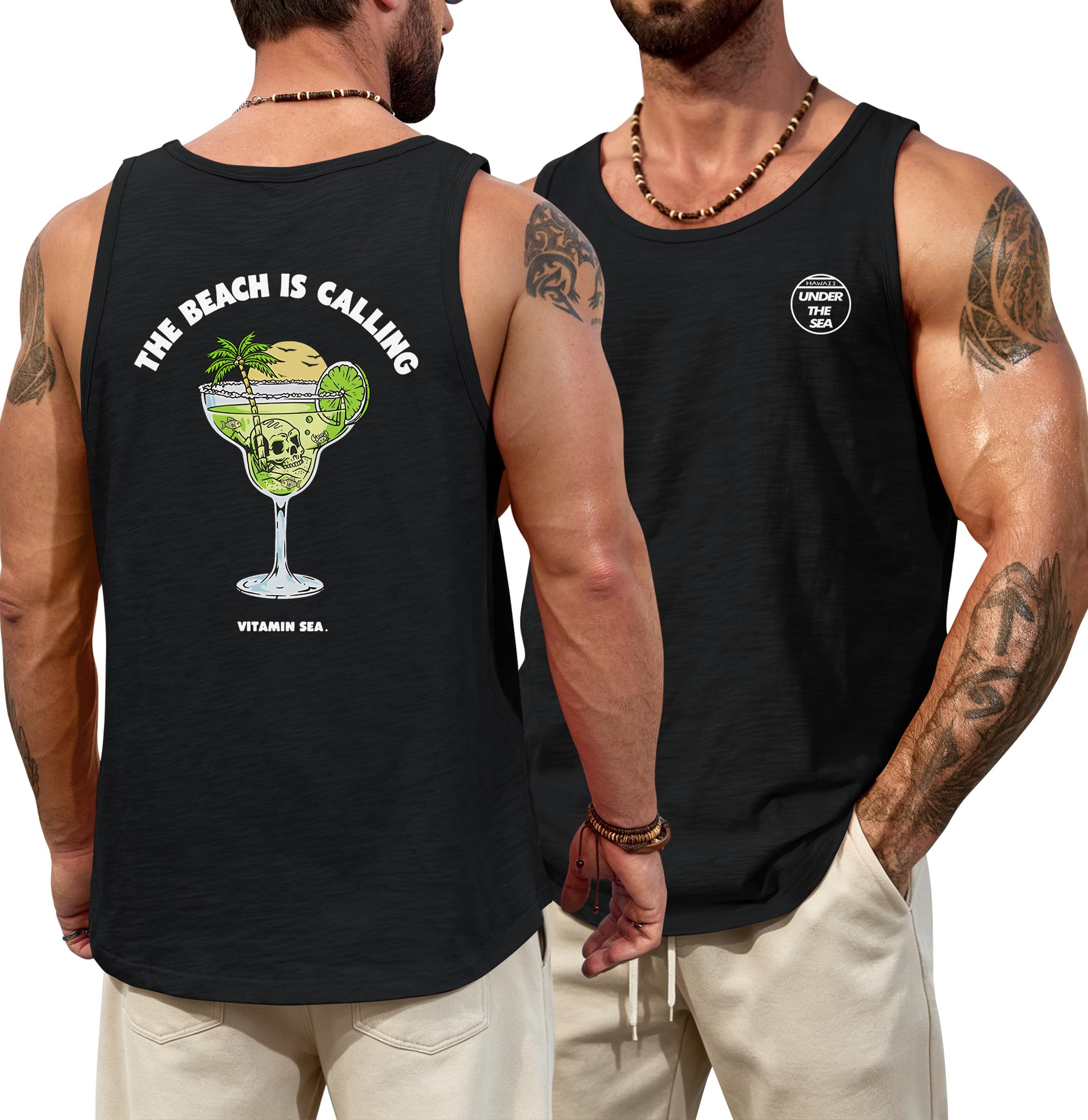 VOGSTART Mens Graphic Muscle Tank Top Beach Slub Cotton Sleeveless Shirts