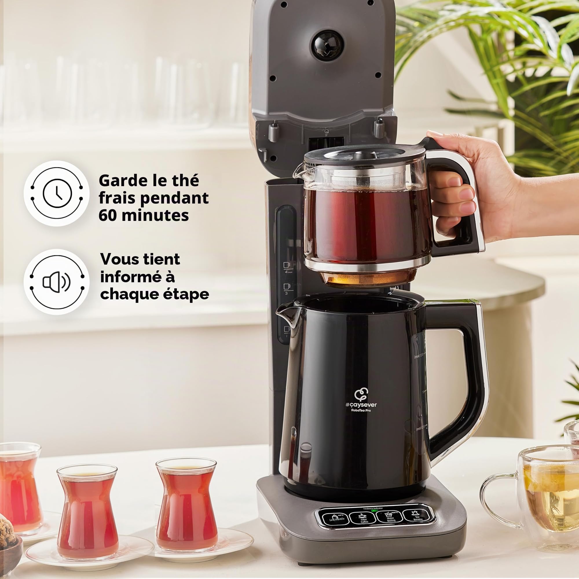Karaca Caysever Robotea Pro 4-en-1 Theiere Electrique Automatique, Machine à Café Filtré, Bouilloire à Thé, Theiere avec Infuseur, 2500W, Gris Espace