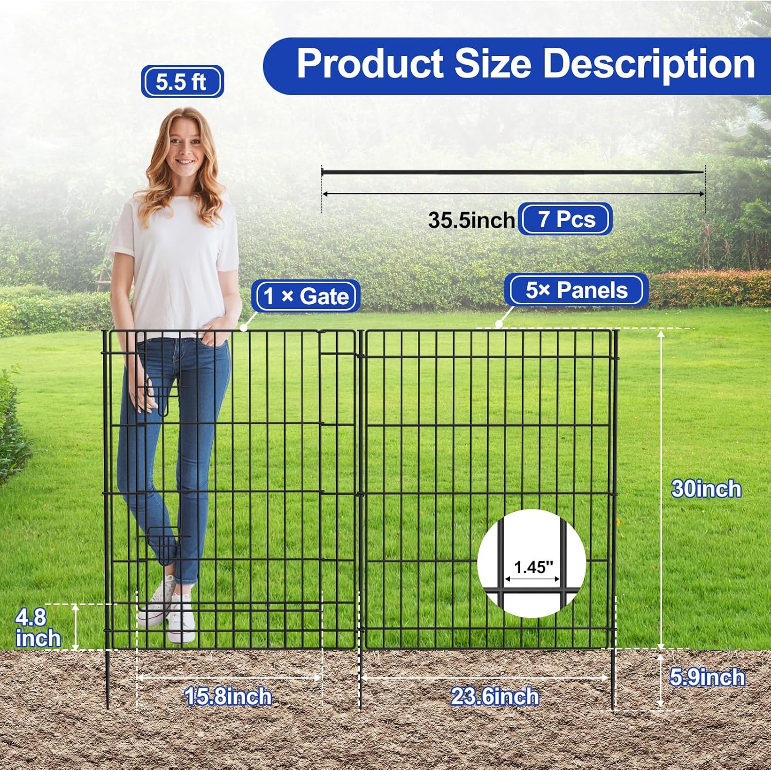 INJOPEXI Decorative Metal Garden Fence 6 Panels 11.8ft (L)×30in (H) Garden Fence Outdoor 5 Fence Panels + 1 Gate Rustproof Wire No Dig Temporary Garden Fencing Animal Barrier Fencing for Yard Patio
