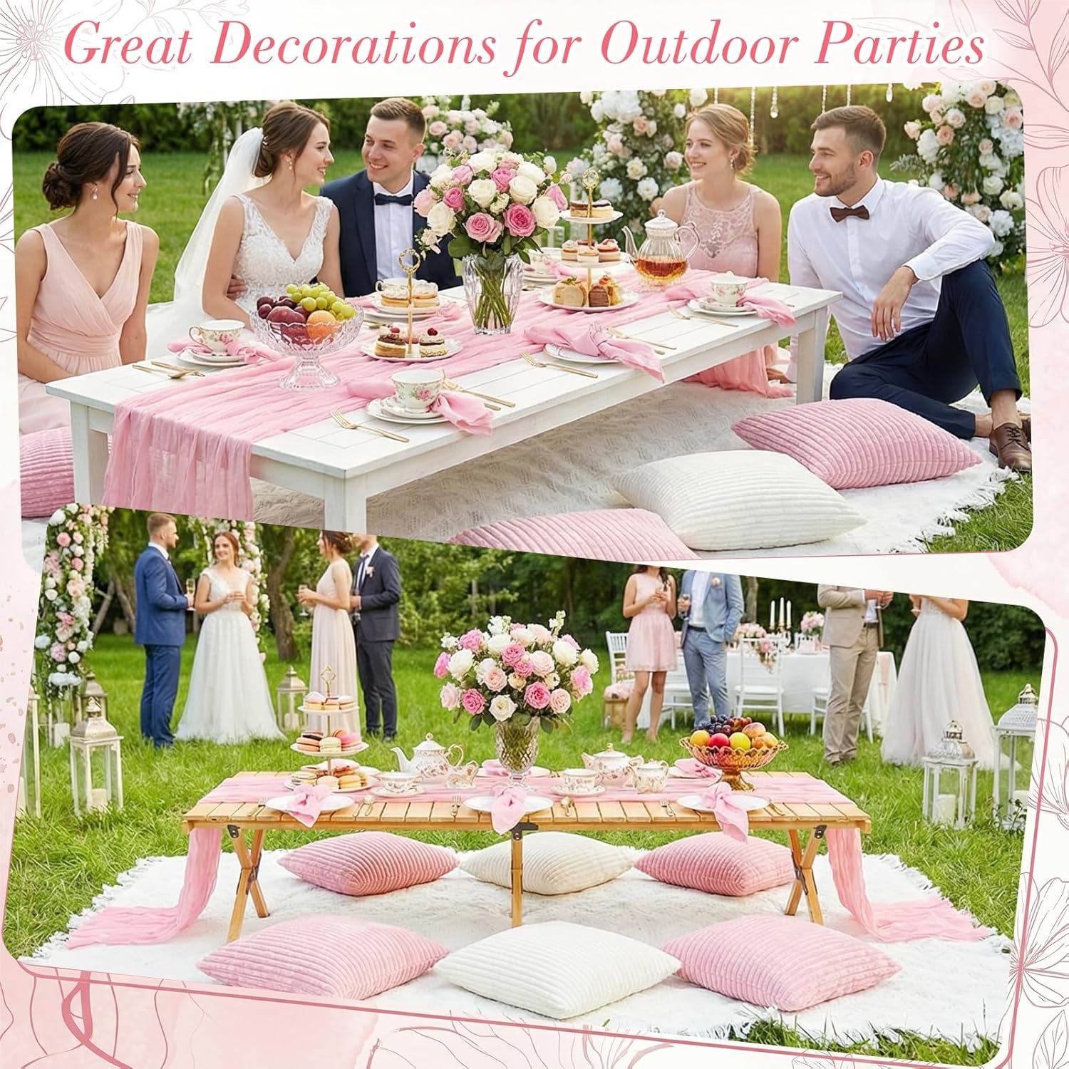 91 x 71 Extra Large Outdoor Boho White Picnic Blanket with Pink Table Runner, 6 Napkins and 6 Throw Pillow Covers Table Decor for Beach Picnic Camp Wedding Party Birthday Baby Shower