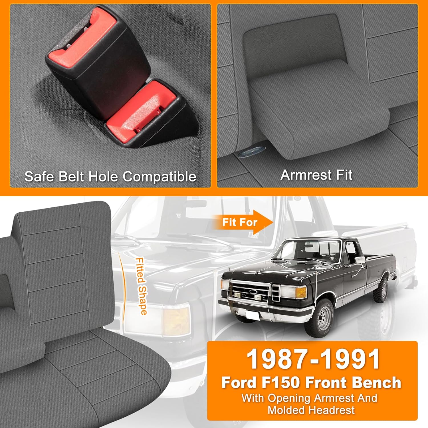 Truck Seat Cover Compatible with 1987-1991 Ford F150 Front Bench with Opening Armrest and Molded Headrest, Charcoal