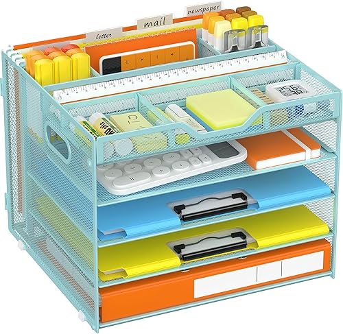 Miniatura 14 de Docnest Bandeja de papel de 3 niveles, organizador de escritorio de malla metálica con asa, soporte para bolígrafo integrado, almacenamiento de 3
