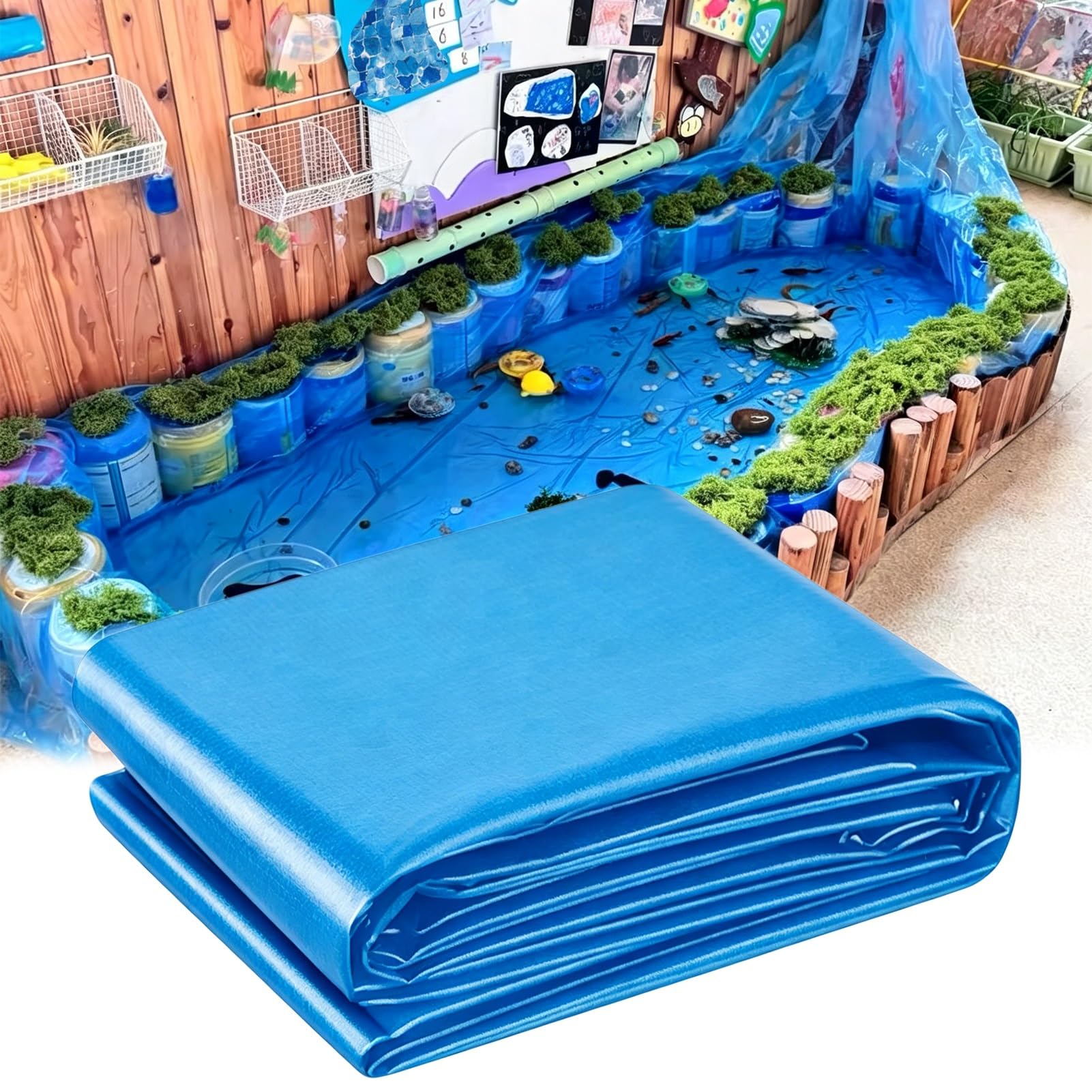 Yopappol 10x10Ft Flexible Blue Play Pond Liner, Puncture Resistant Damp Proof Membrane for Irregular Backyard Kids Water Pool, Koi Fish Ponds, Water Features(3x3m(9.8x9.8ft))