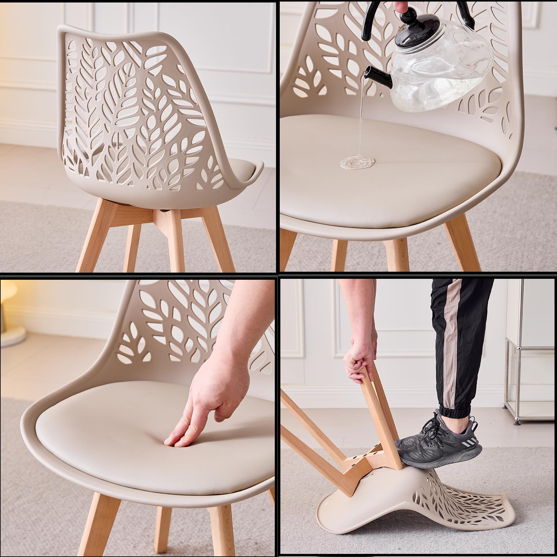 Juego de 8 sillas de Comedor Estilo nórdico, sillas de Cocina Modernas con Patas de Madera Maciza,Respaldo Abierto y tapizado en Piel sintética para comedores, cocinas,Caqui