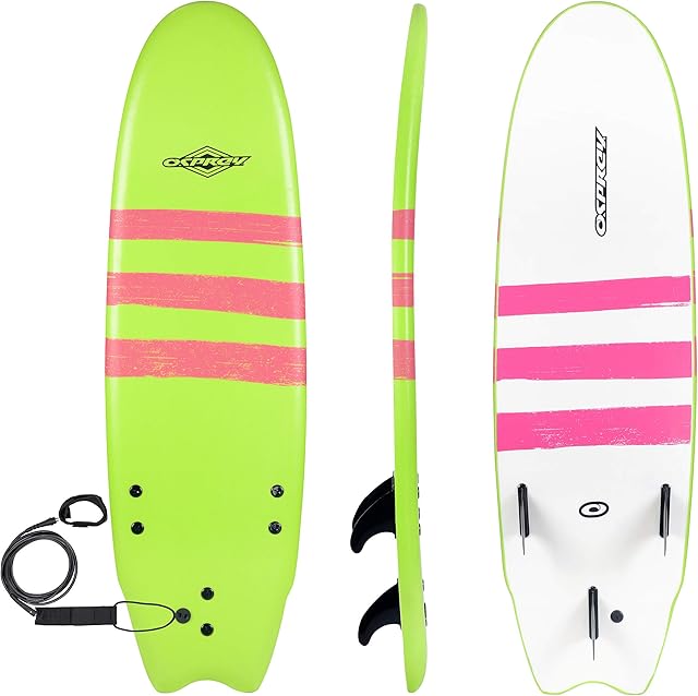 Osprey Foam Surfboard Soft Foamie Complete with Leash and Fins, Green Triband, 6 ft/7 ft/8 ft