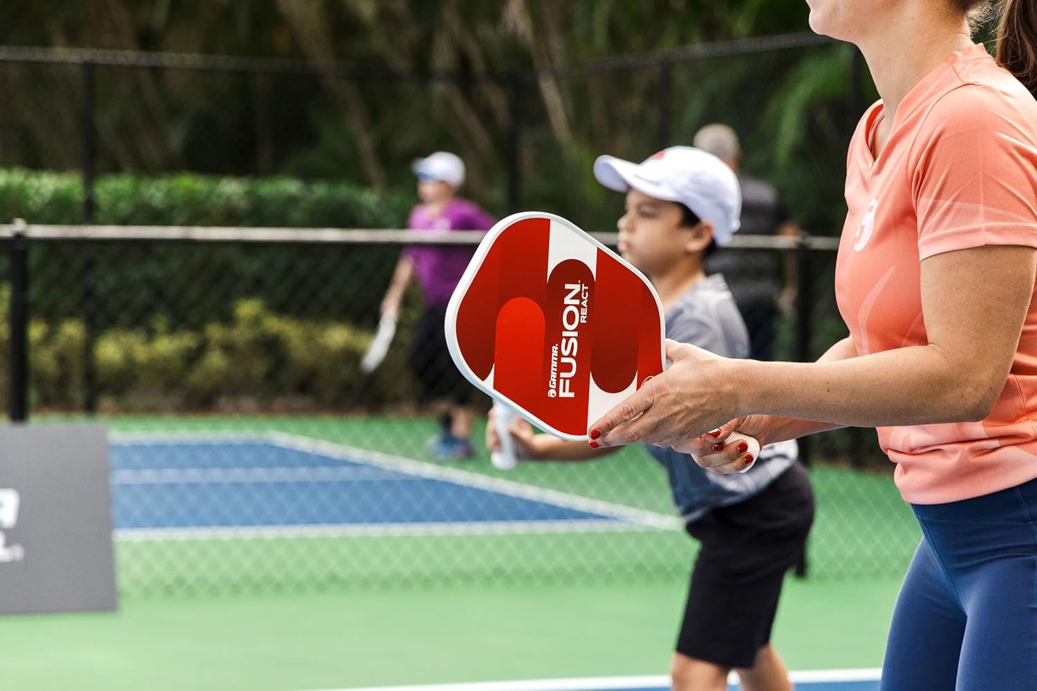 Gamma USAPA Approved Fiberglass Pickleball Paddle Set with 2 Paddles, 3 Outdoor Balls, & Sling Bag, Fusion React Pickleball Bundle, Red/Blue, Pickle-Ball Equipment