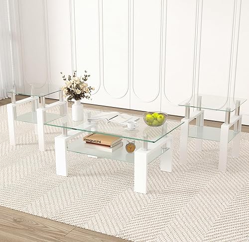 Miniatura 3 de Juego de mesa auxiliar de 3 piezas, incluye 1 mesa auxiliar y 2 mesas auxiliares, juego de mesa de sala con vidrio templado y marco de metal para
