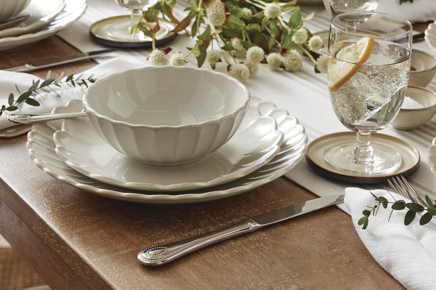 Lenox Dinnerware Set, French Perle Scallop 4-Piece Place Setting, Service For 1, Dinnerware Set, Stoneware, Includes Plates, Bowl, and Mug, Dishwasher And Microwave Safe, Dish Set (White, 4 Piece)