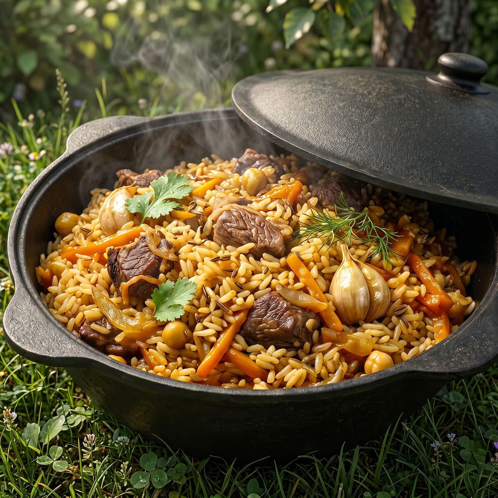 Original Usbekischer Kasan 16 L aus Gusseisen mit Aluminium-Deckel – Namangan Schwenktopf Dutch Oven Feuertopf für Camping Outdoor inkl. Schöpfkelle Schaumlöffel