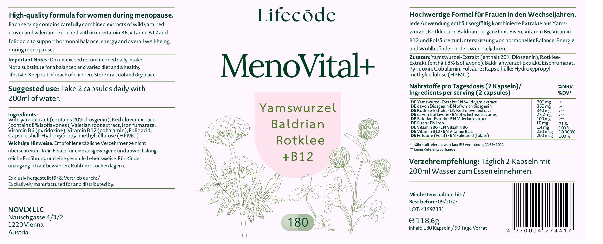 Wechseljahre Kapseln für Frauen ab 50 | Meno Vital+ | Komplex mit Yamswurzel, Rotklee & Baldrian | Eisen, Folsäure & B-Vitamine | Hitzewallungen, Schlaf & Stimmung | 180 vegane Kapseln, laborgeprüft