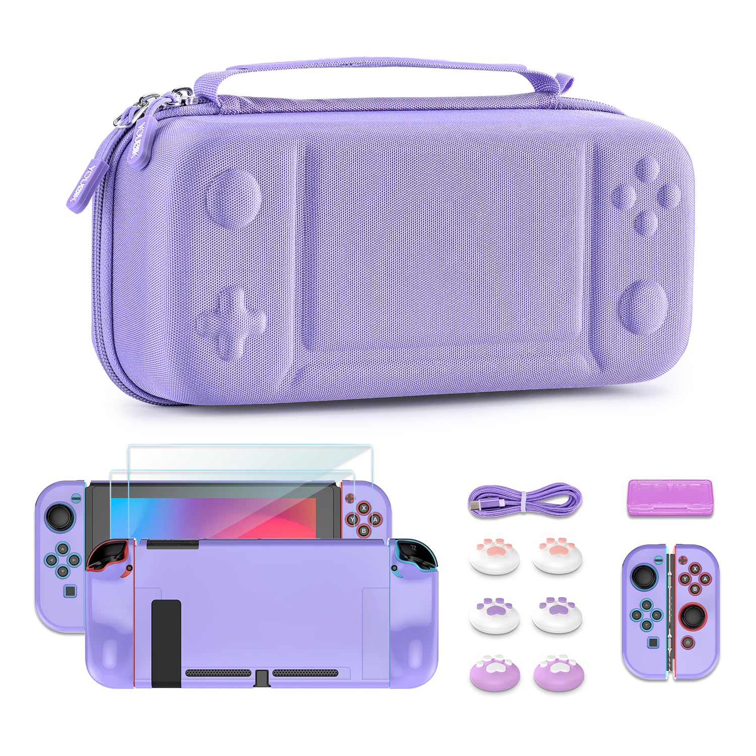 Younik Kit d'accessoires 14 en 1 pour la Switch, Grand étui de transport pour Switch 2017, étui de voyage pour Switch adapté à la console, poignée J-con et chargeur (Violet, Modèle de Bouton)